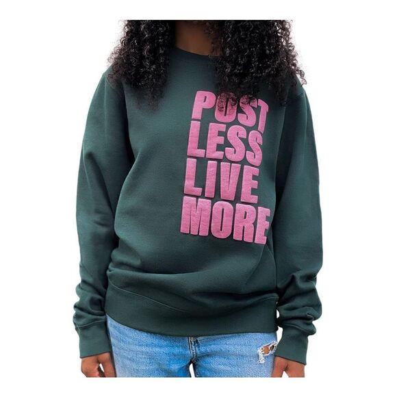 Cool Creative Ladies Green Post Less Live More Crewneck Sweatshirt - Size Medium - Picture 5 of 7